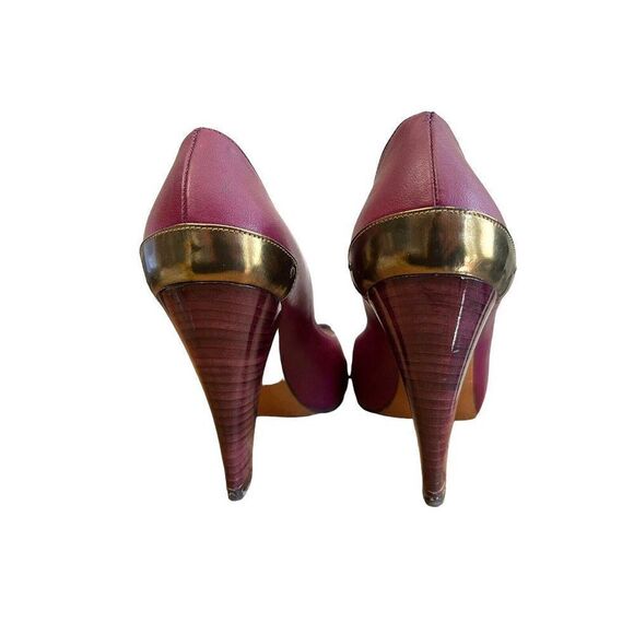 Pollini Women's 9.5 Euro 40 Purple Open Toe Pumps Snakeskin Gold Metallic Heels - Picture 7 of 10